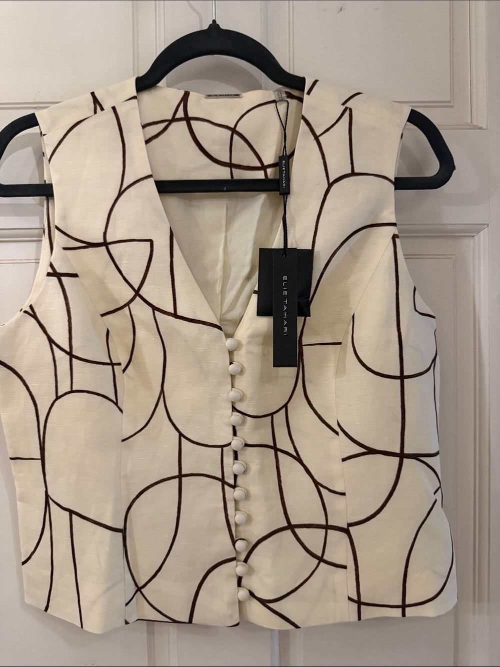 ELIE TAHARI Cream & Brown Sleeveless 11 Button-Front fully lined tailored VEST